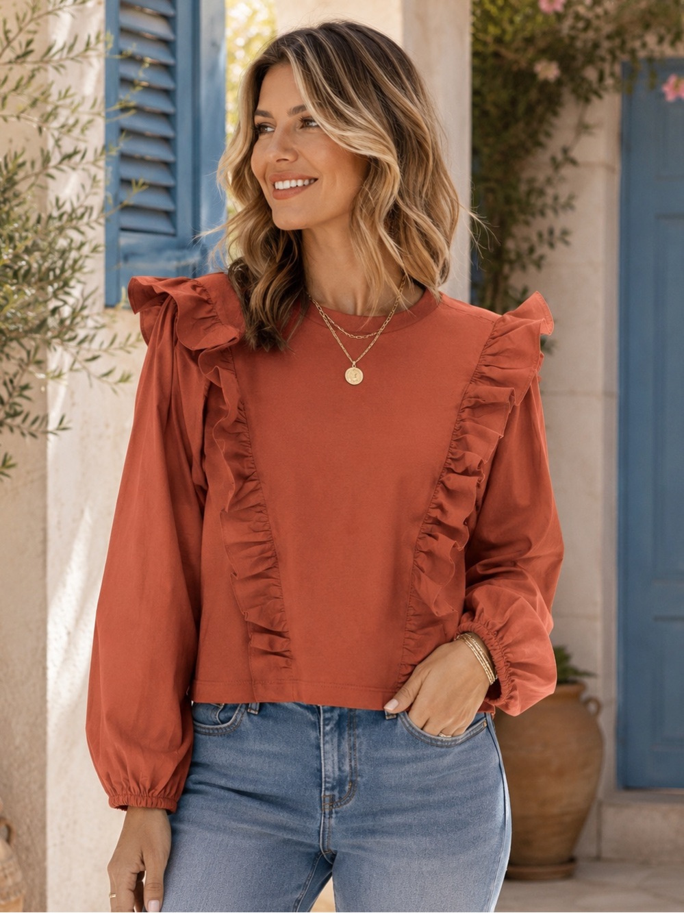 The Line of Style Rust Orange Ruffle Balloon Sleeve Sweatshirt Top Medium